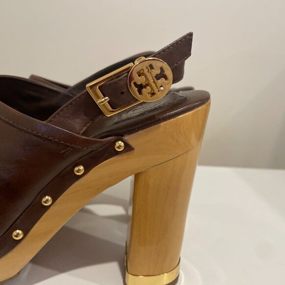 Tory Burch Brown Leather and Wood Platform Clogs size 8M - Picture 4 of 6